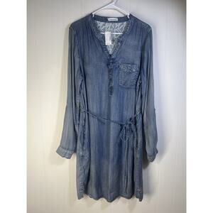 Maurices Blue Chambray Shirt Dress Pockets Roll Tab Sleeve Waist Tie Size 1X New
